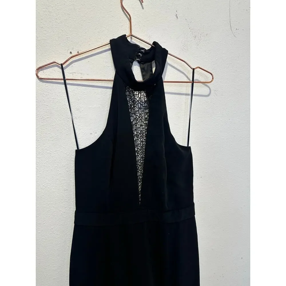 JAY GODFREY Black Lace Front High Neckline Triangle Open Back Gown size 6